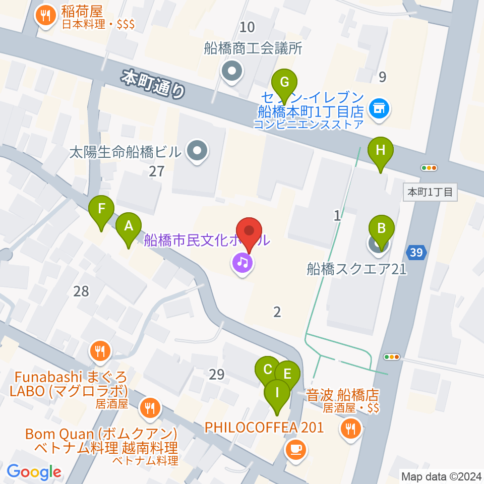 船橋市民文化ホール周辺のファミレス・ファーストフード一覧地図