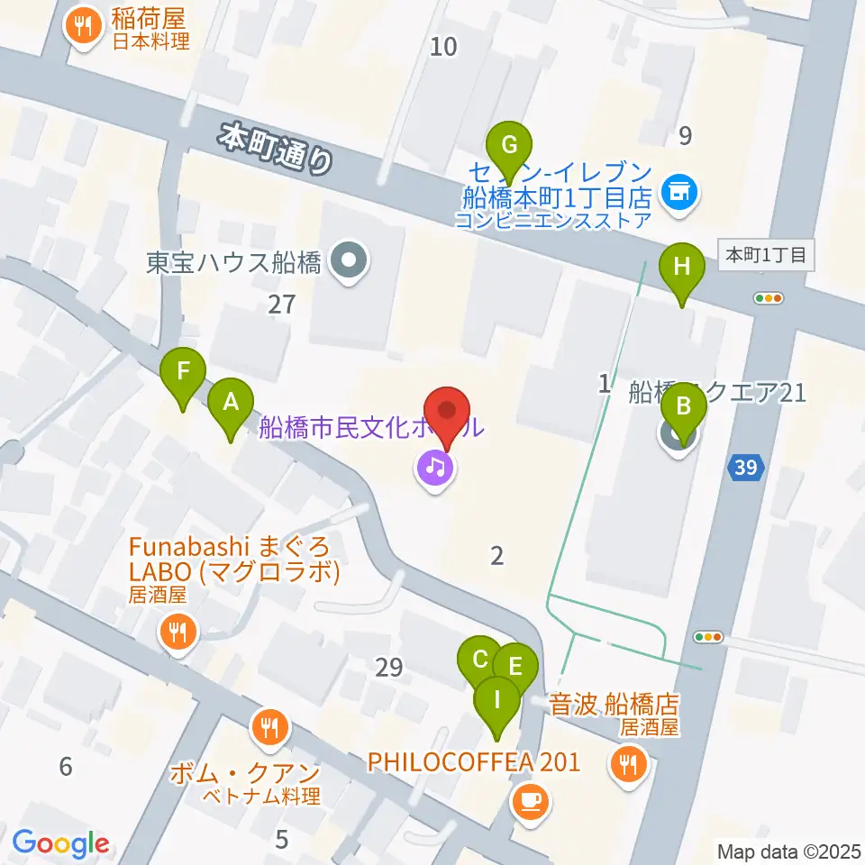 船橋市民文化ホール周辺のファミレス・ファーストフード一覧地図