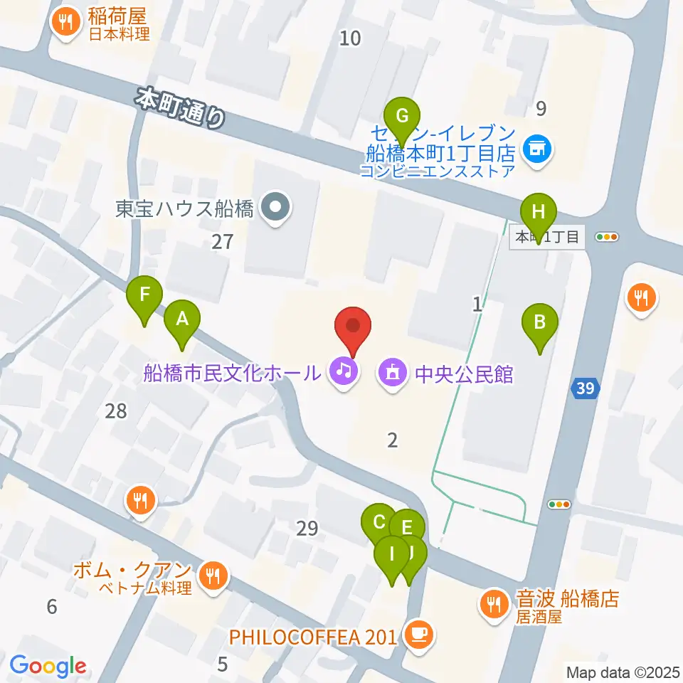 船橋市民文化ホール周辺のファミレス・ファーストフード一覧地図
