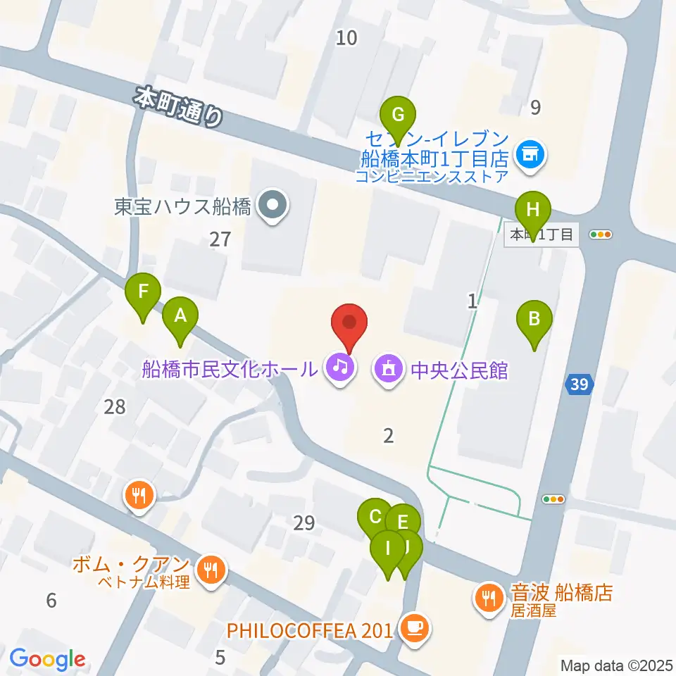 船橋市民文化ホール周辺のファミレス・ファーストフード一覧地図