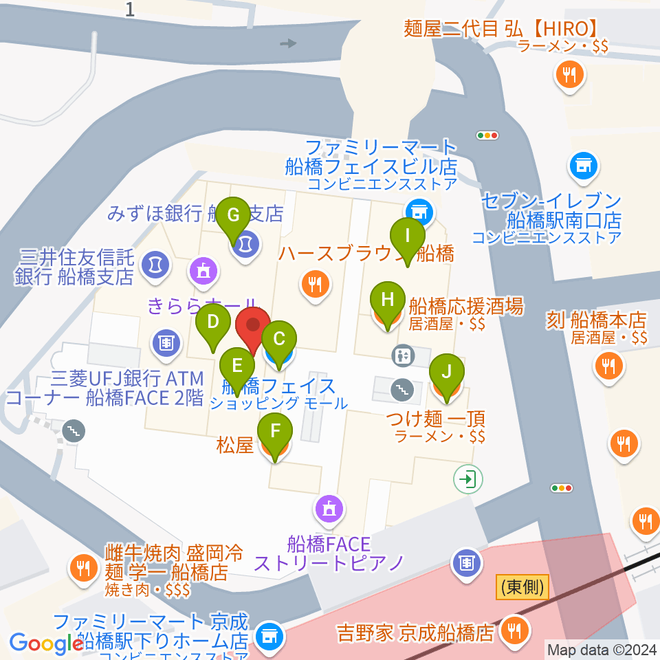 船橋市民文化創造館 きららホール周辺のファミレス・ファーストフード一覧地図