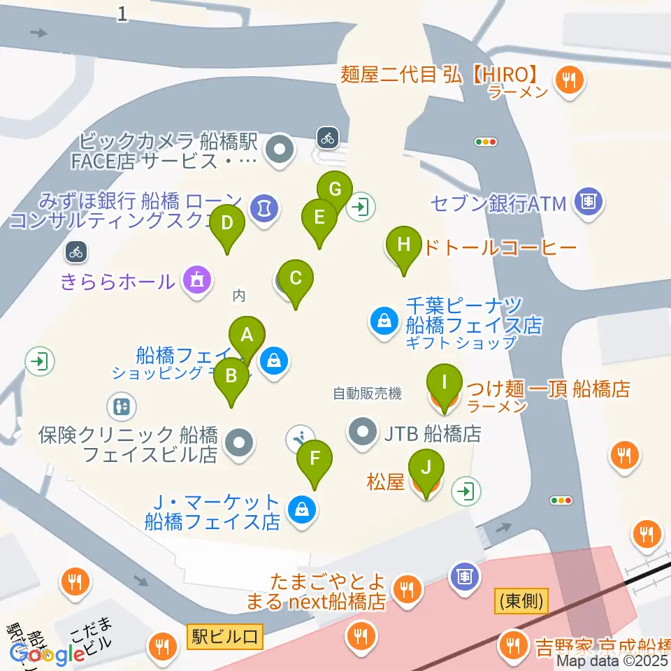 船橋市民文化創造館 きららホール周辺のファミレス・ファーストフード一覧地図