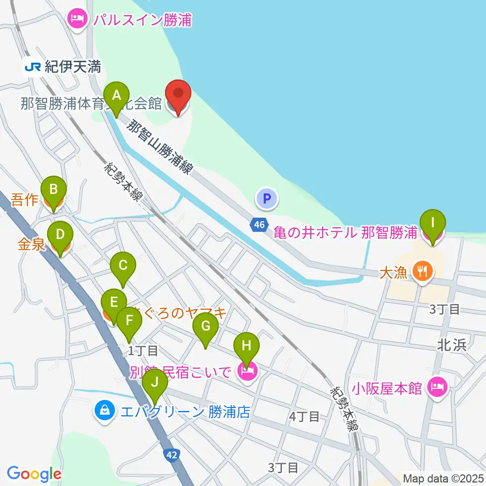 那智勝浦町体育文化会館周辺のファミレス・ファーストフード一覧地図