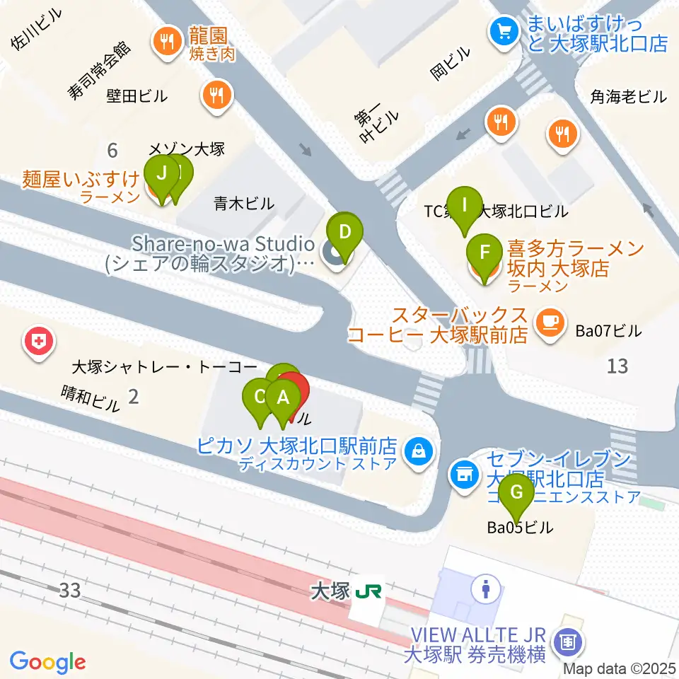 スタジオ音楽館 大塚駅前店周辺のファミレス・ファーストフード一覧地図