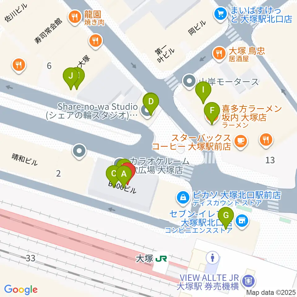 スタジオ音楽館 大塚駅前店周辺のファミレス・ファーストフード一覧地図