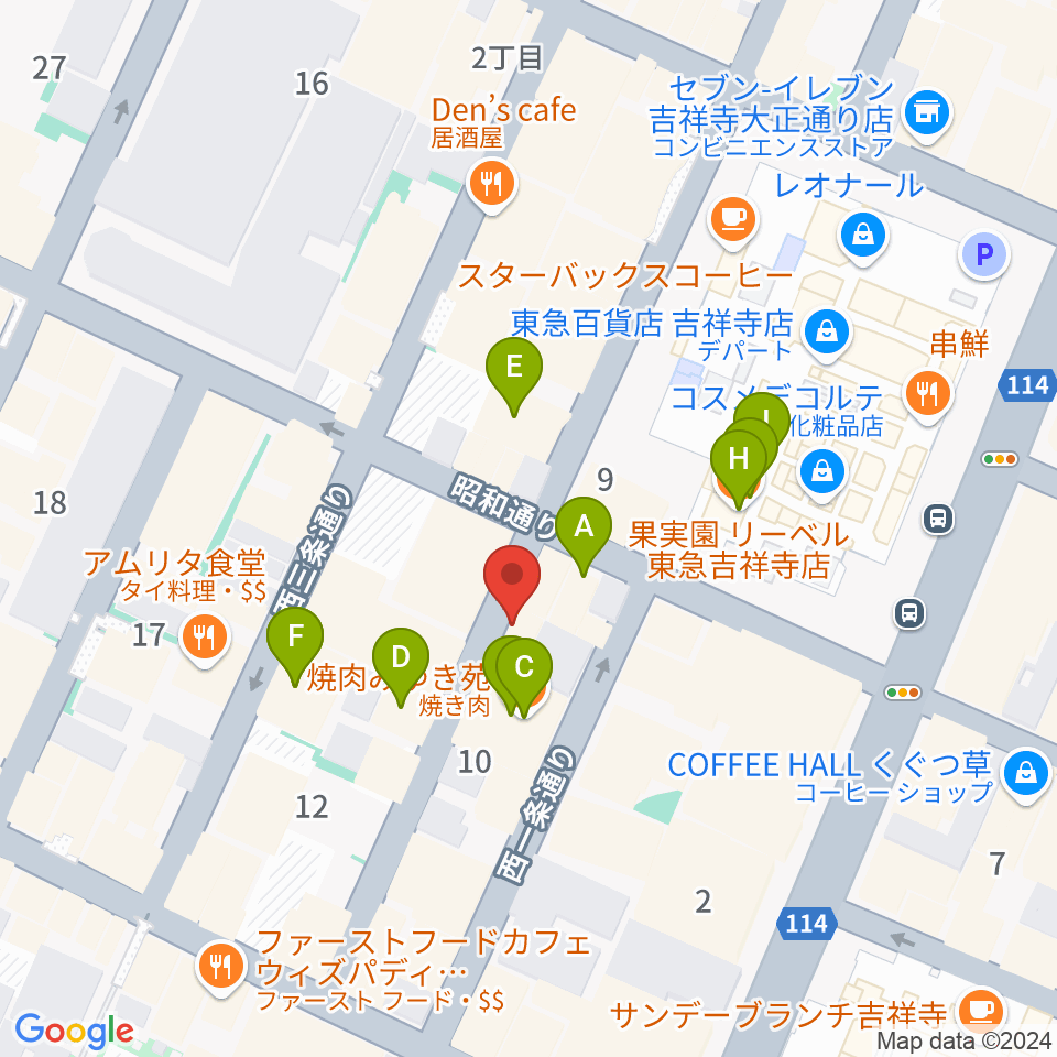 吉祥寺シルバーエレファント周辺のファミレス・ファーストフード一覧地図