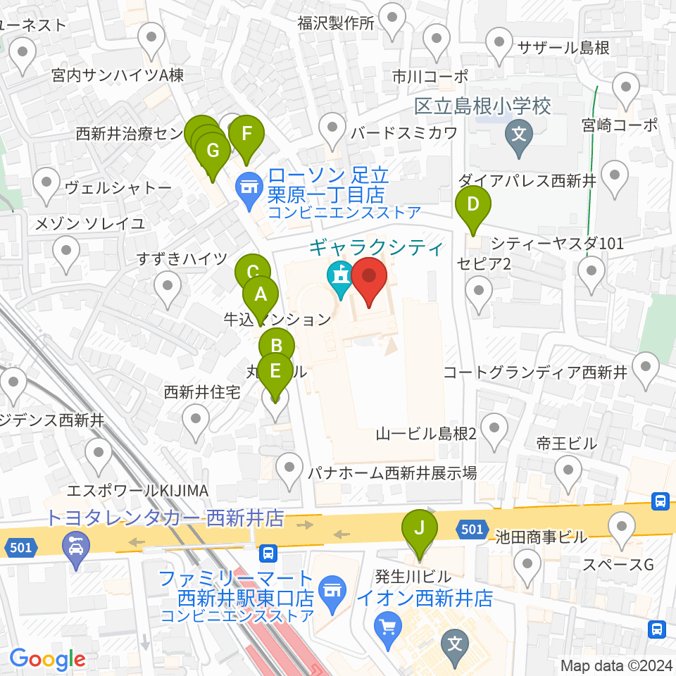 西新井文化ホール（ギャラクホール）周辺のファミレス・ファーストフード一覧地図