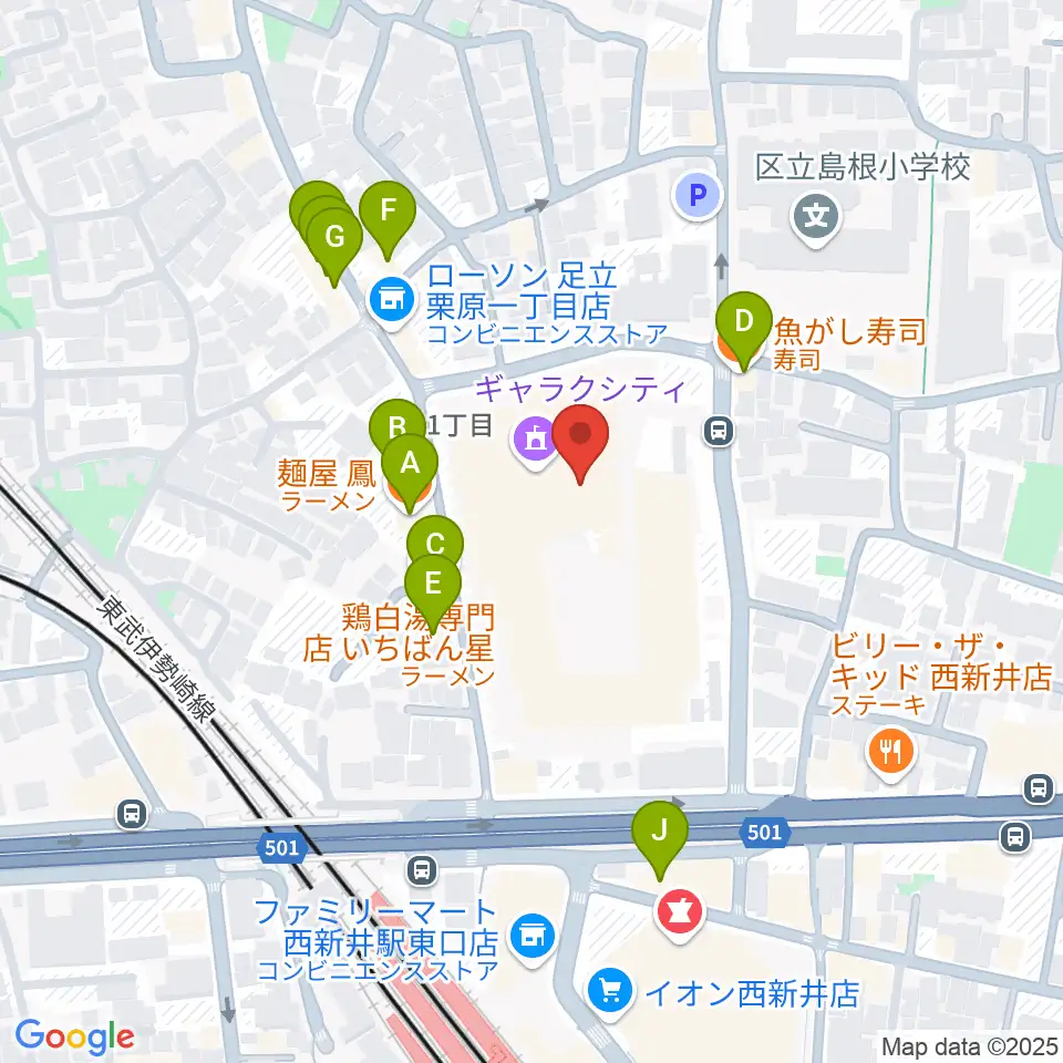 西新井文化ホール（ギャラクホール）周辺のファミレス・ファーストフード一覧地図