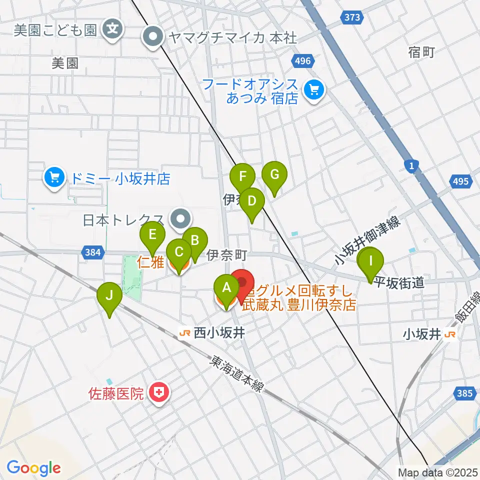 豊川市小坂井文化会館フロイデンホール周辺のファミレス・ファーストフード一覧地図