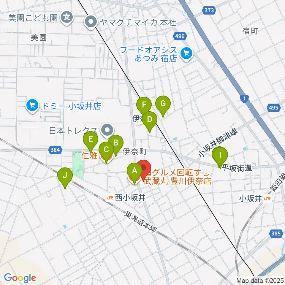 豊川市小坂井文化会館フロイデンホール周辺のファミレス・ファーストフード一覧地図
