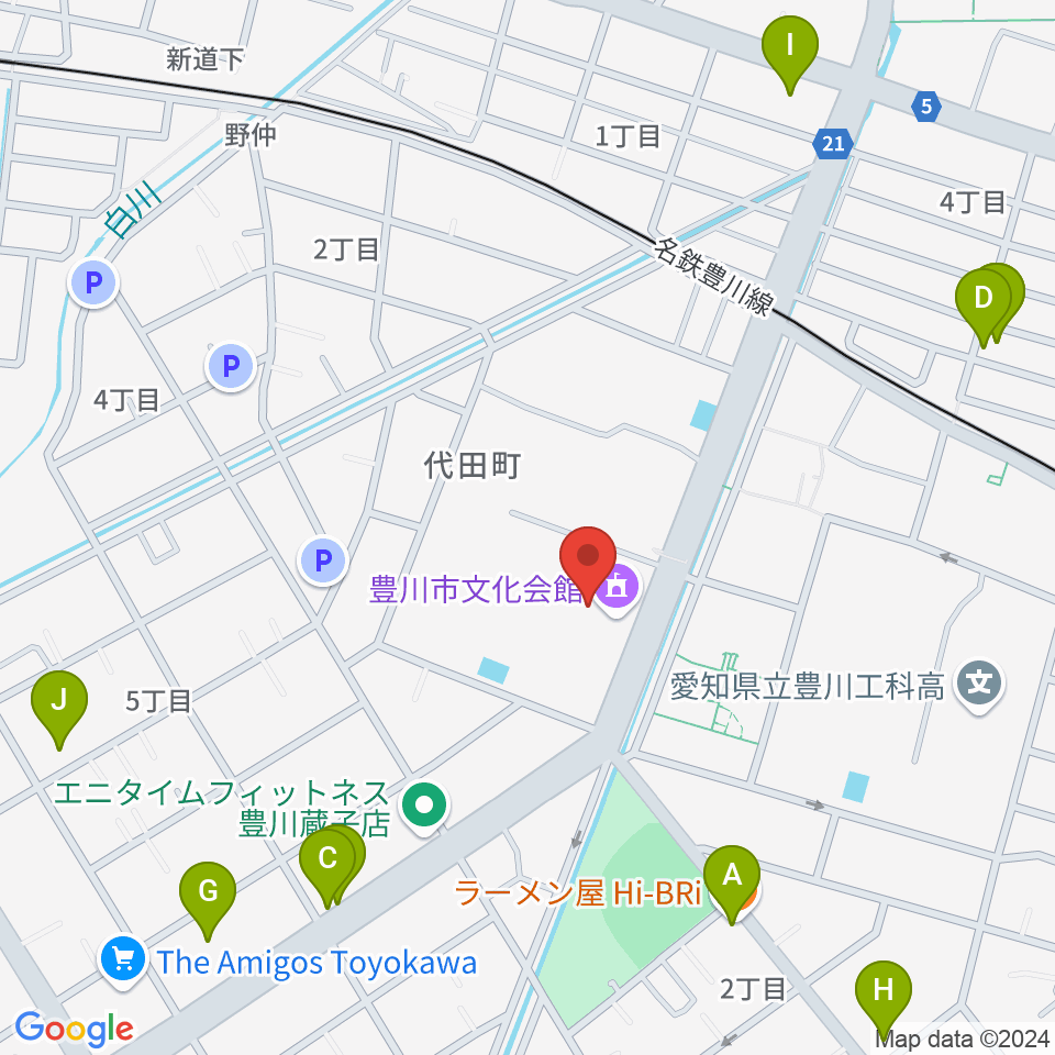 豊川市文化会館周辺のファミレス・ファーストフード一覧地図