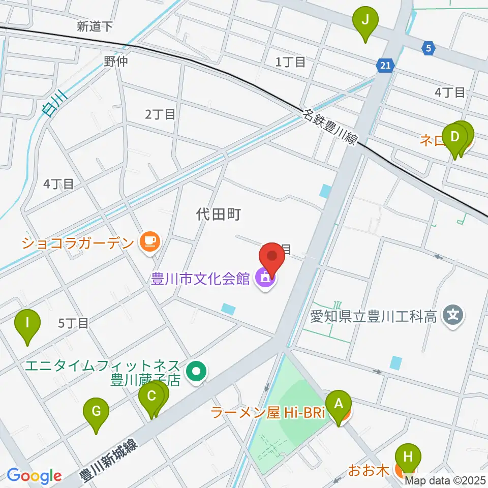豊川市文化会館周辺のファミレス・ファーストフード一覧地図