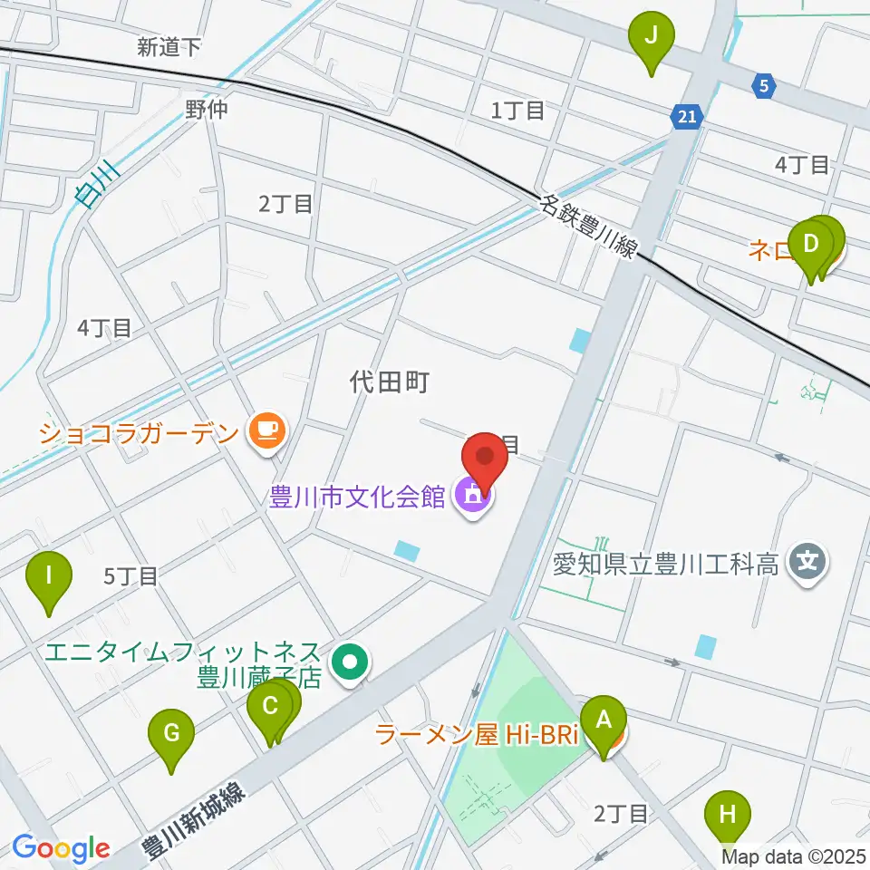 豊川市文化会館周辺のファミレス・ファーストフード一覧地図