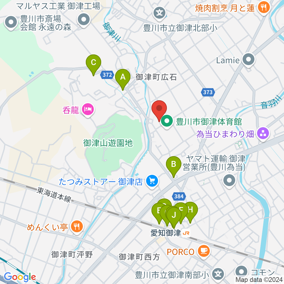 豊川市御津文化会館 ハートフルホール周辺のファミレス・ファーストフード一覧地図