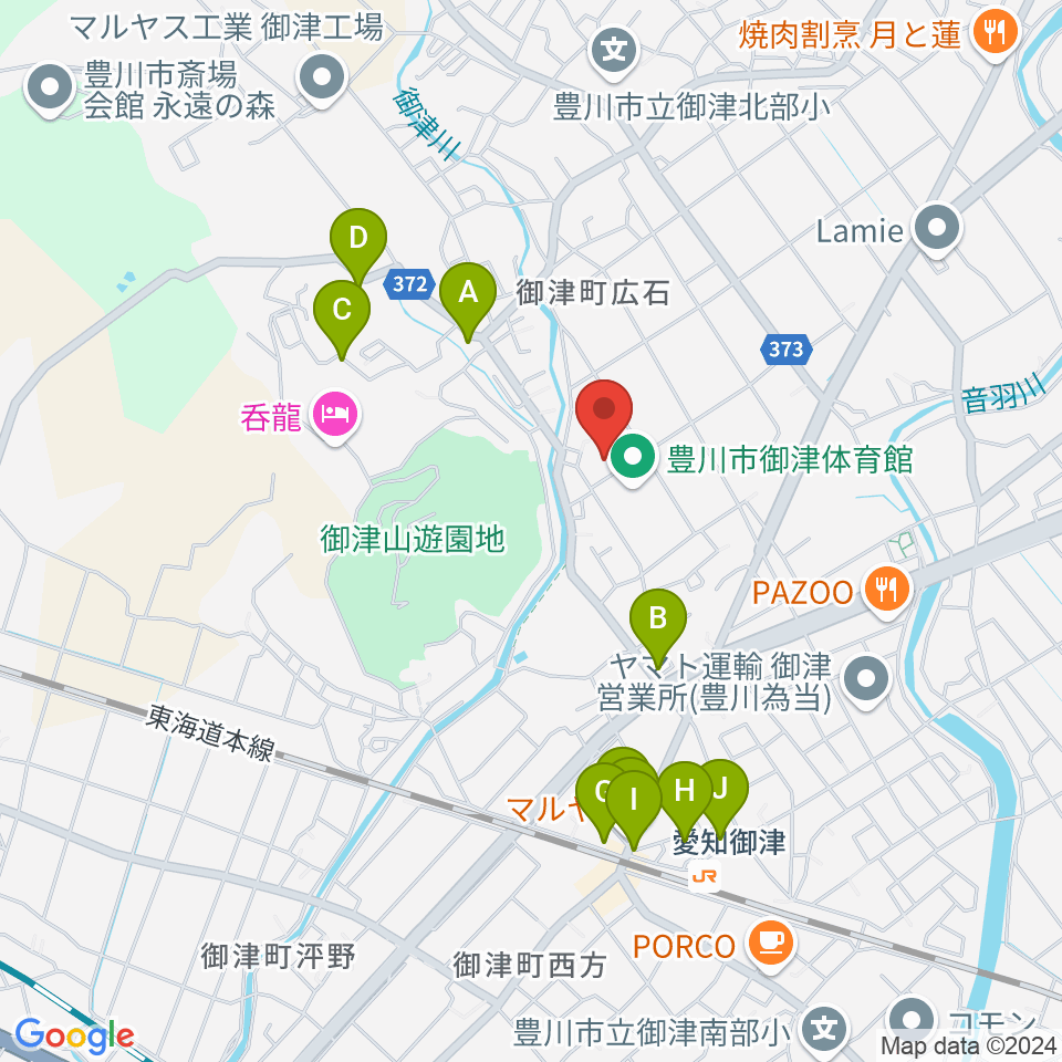 豊川市御津文化会館 ハートフルホール周辺のファミレス・ファーストフード一覧地図