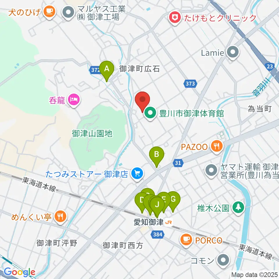 豊川市御津文化会館 ハートフルホール周辺のファミレス・ファーストフード一覧地図