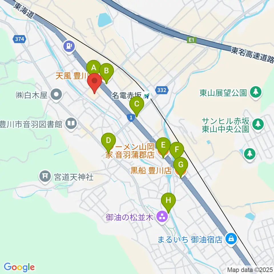 豊川市音羽文化ホール ウィンディアホール周辺のファミレス・ファーストフード一覧地図