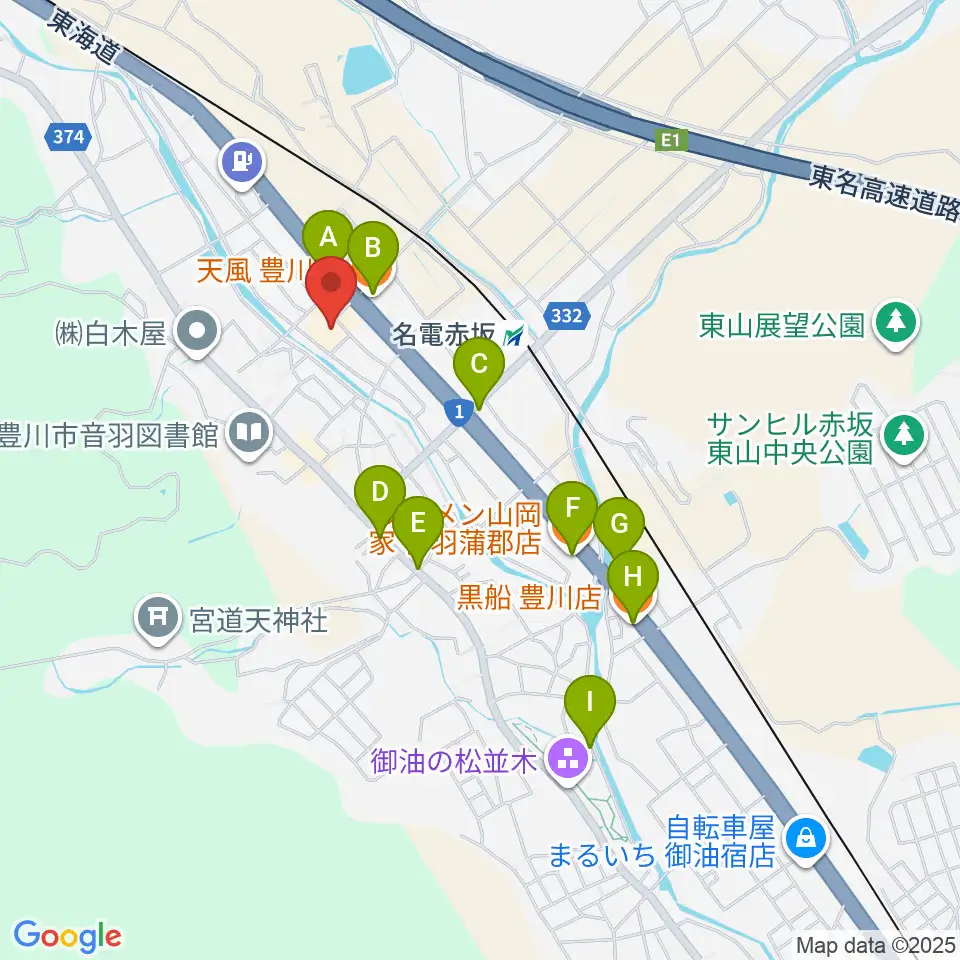 豊川市音羽文化ホール ウィンディアホール周辺のファミレス・ファーストフード一覧地図