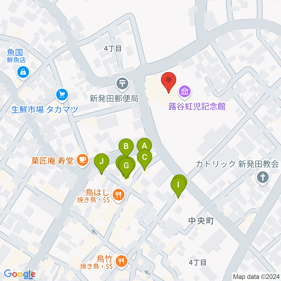 新発田市民文化会館周辺のファミレス・ファーストフード一覧地図