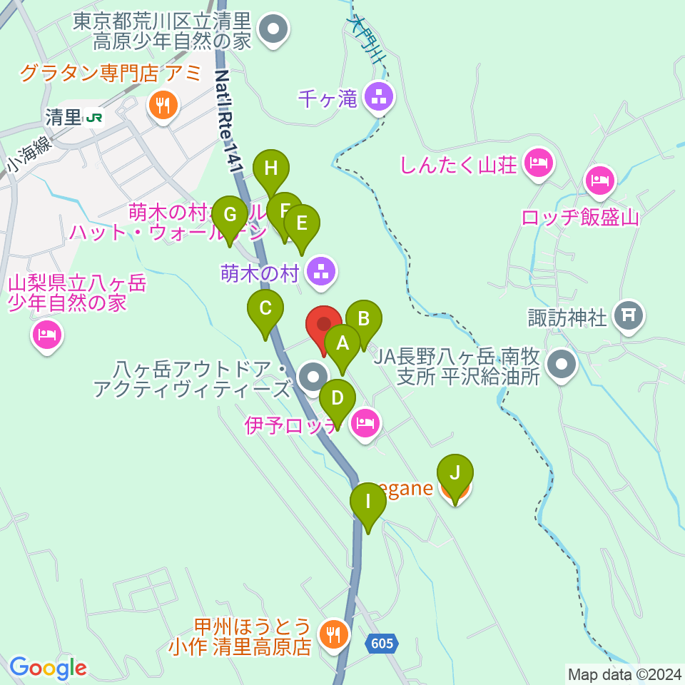 萌木の村オルゴール館ホール・オブ・ホールズ周辺のファミレス・ファーストフード一覧地図