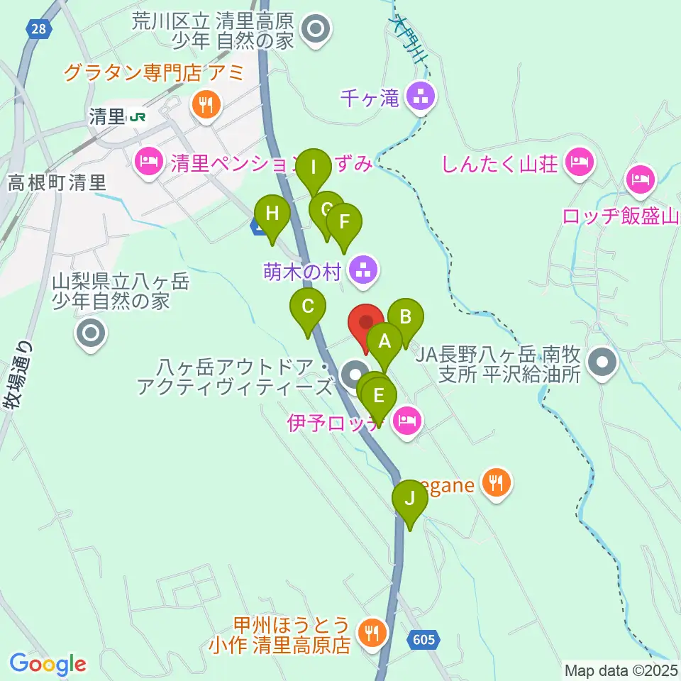 萌木の村オルゴール館ホール・オブ・ホールズ周辺のファミレス・ファーストフード一覧地図