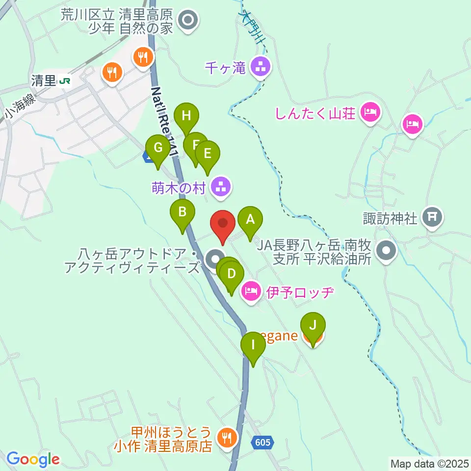 萌木の村オルゴール館ホール・オブ・ホールズ周辺のファミレス・ファーストフード一覧地図