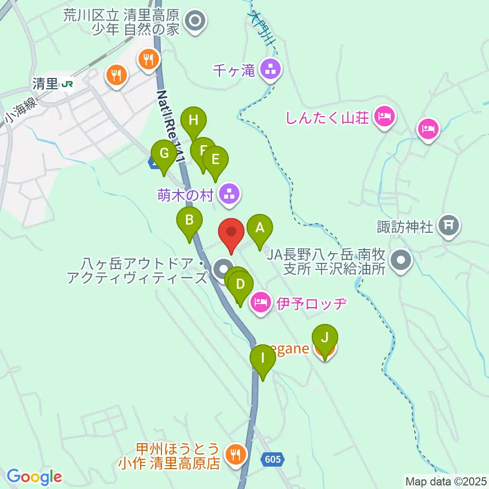 萌木の村オルゴール館ホール・オブ・ホールズ周辺のファミレス・ファーストフード一覧地図