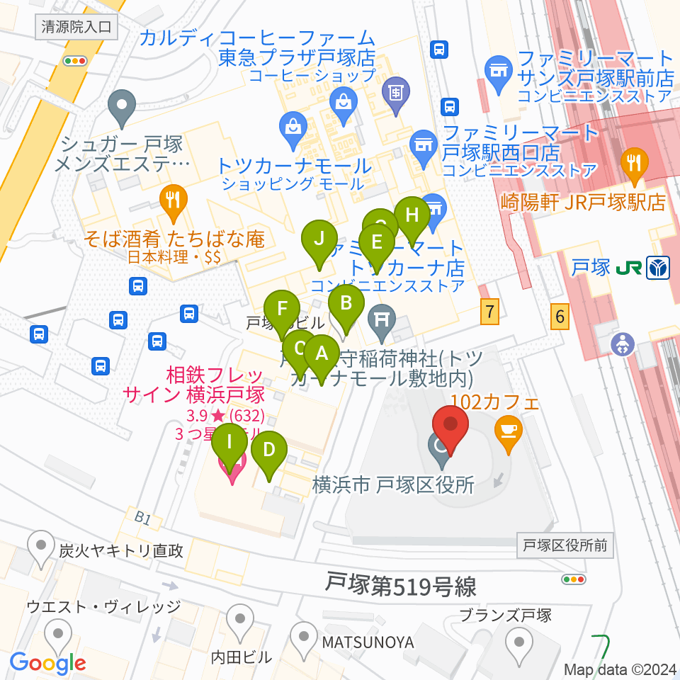 戸塚区民文化センターさくらプラザ周辺のファミレス・ファーストフード一覧地図