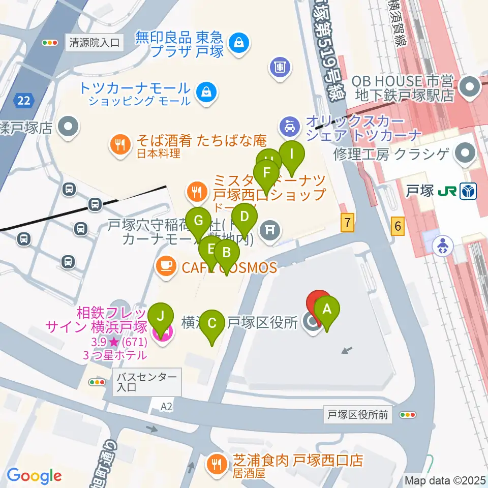 戸塚区民文化センターさくらプラザ周辺のファミレス・ファーストフード一覧地図