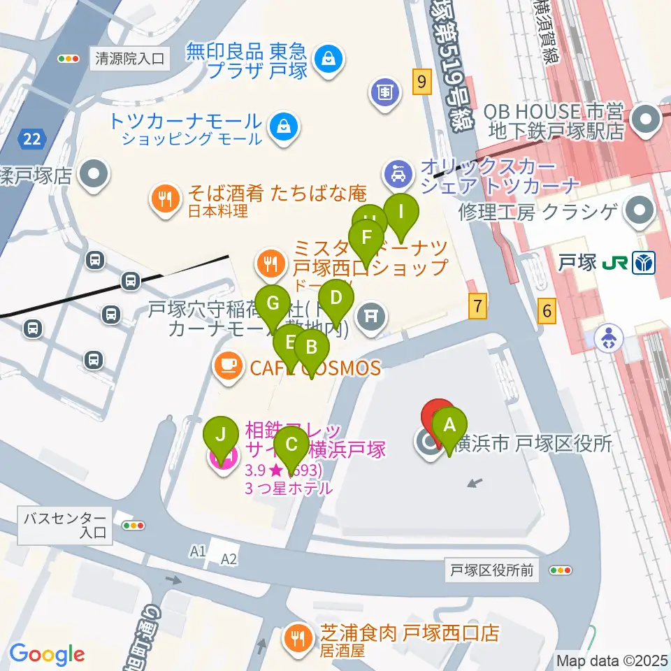 戸塚区民文化センターさくらプラザ周辺のファミレス・ファーストフード一覧地図