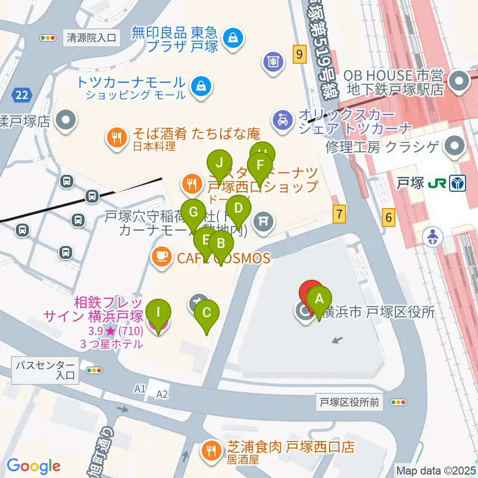 戸塚区民文化センターさくらプラザ周辺のファミレス・ファーストフード一覧地図