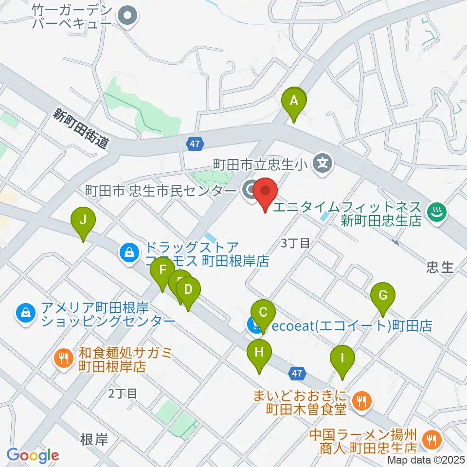 忠生市民センター周辺のファミレス・ファーストフード一覧地図