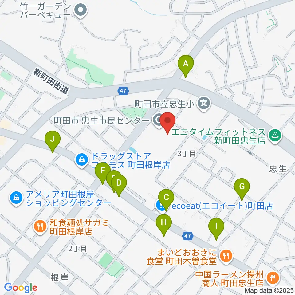忠生市民センター周辺のファミレス・ファーストフード一覧地図