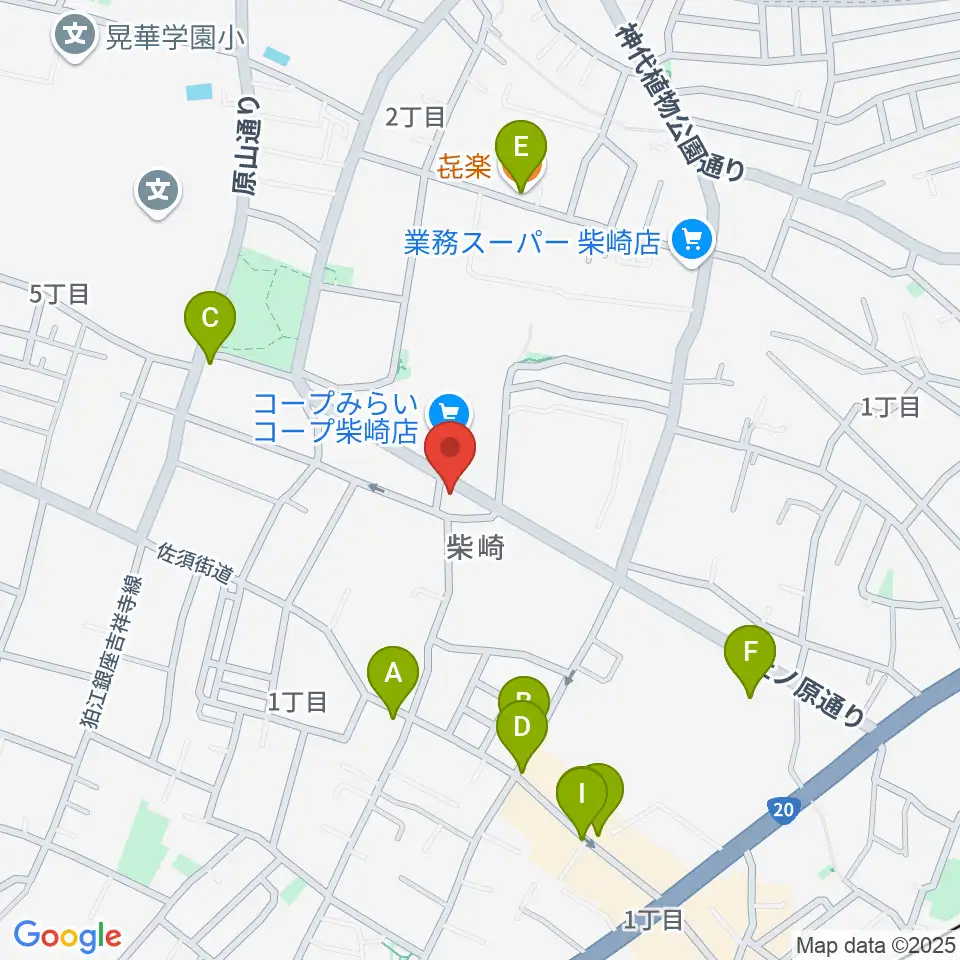 ユリミュージックキャンパス調布柴崎教室周辺のファミレス・ファーストフード一覧地図