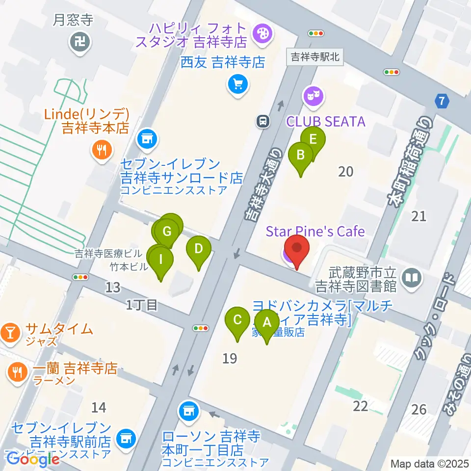 吉祥寺スターパインズカフェ周辺のファミレス・ファーストフード一覧地図
