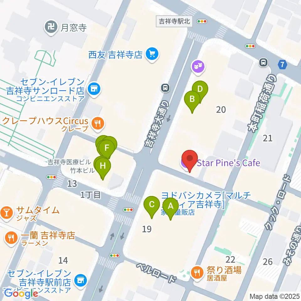吉祥寺スターパインズカフェ周辺のファミレス・ファーストフード一覧地図