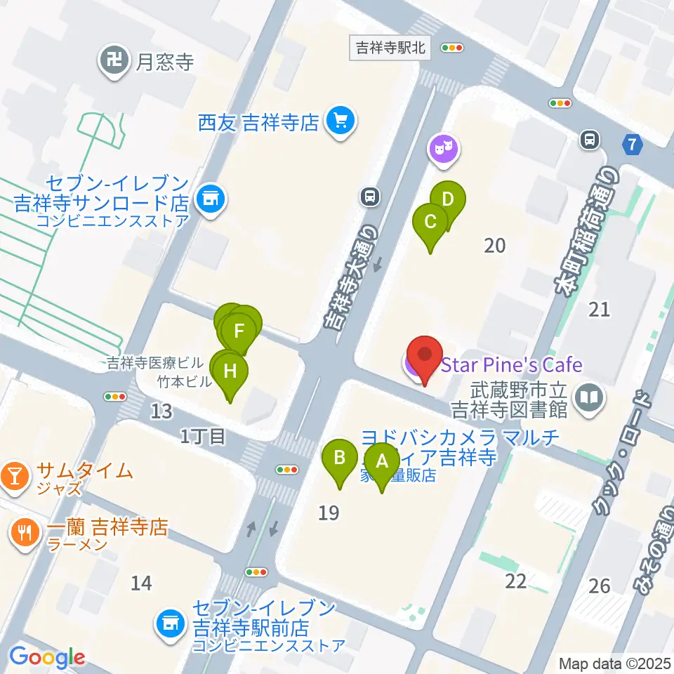 吉祥寺スターパインズカフェ周辺のファミレス・ファーストフード一覧地図