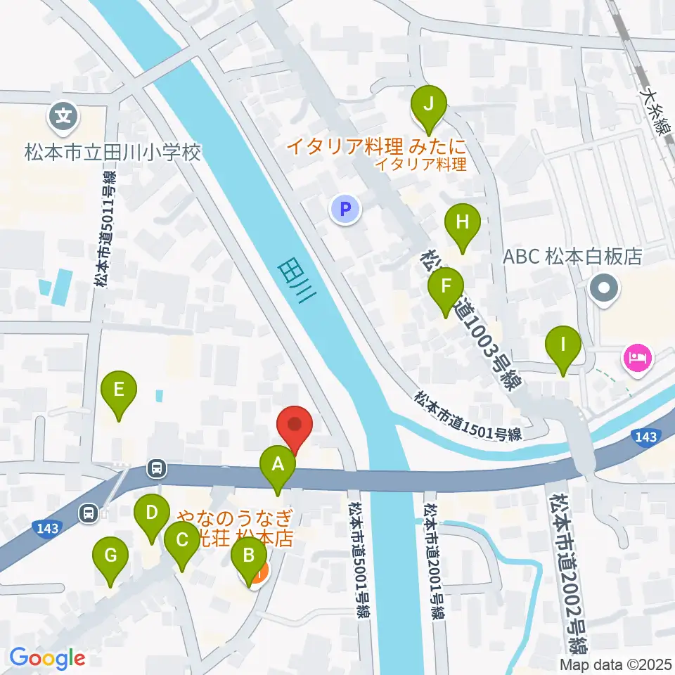 シェリーミュージックスクール松本校周辺のファミレス・ファーストフード一覧地図