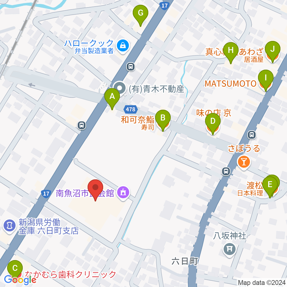 南魚沼市民会館周辺のファミレス・ファーストフード一覧地図