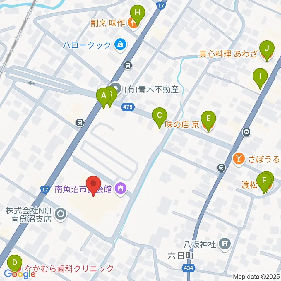 南魚沼市民会館周辺のファミレス・ファーストフード一覧地図