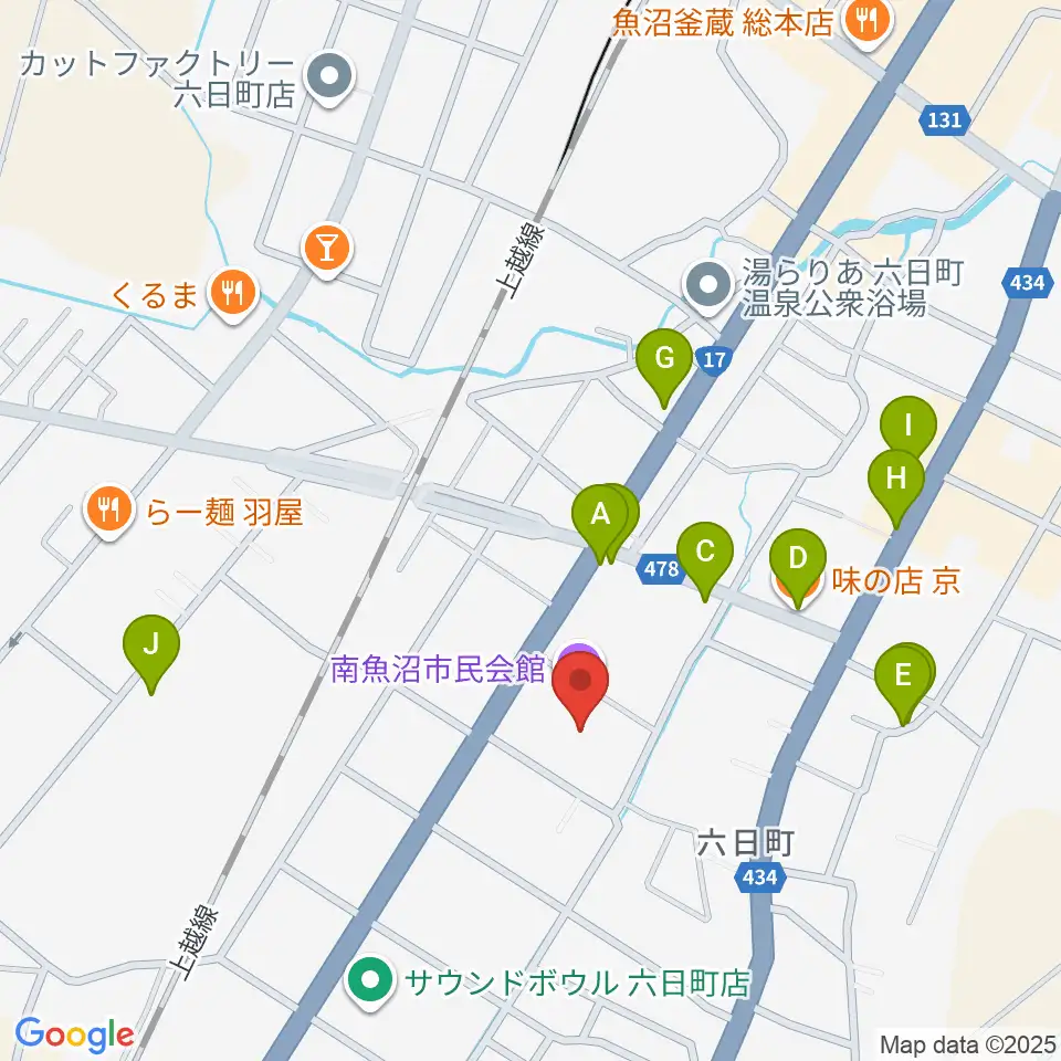 南魚沼市民会館周辺のファミレス・ファーストフード一覧地図