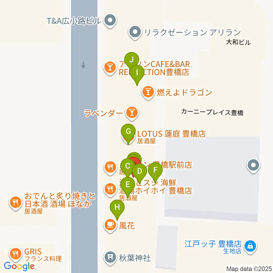 TONKボーカルスクール周辺のファミレス・ファーストフード一覧地図