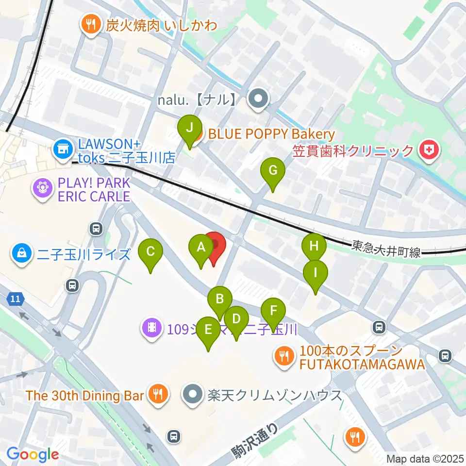 二子玉川オーキッドミュージックサロン周辺のファミレス・ファーストフード一覧地図