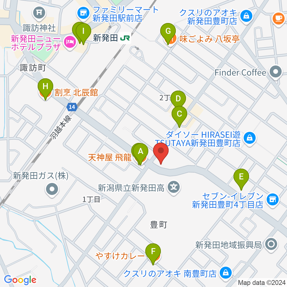 わたじん楽器 新発田周辺のファミレス・ファーストフード一覧地図