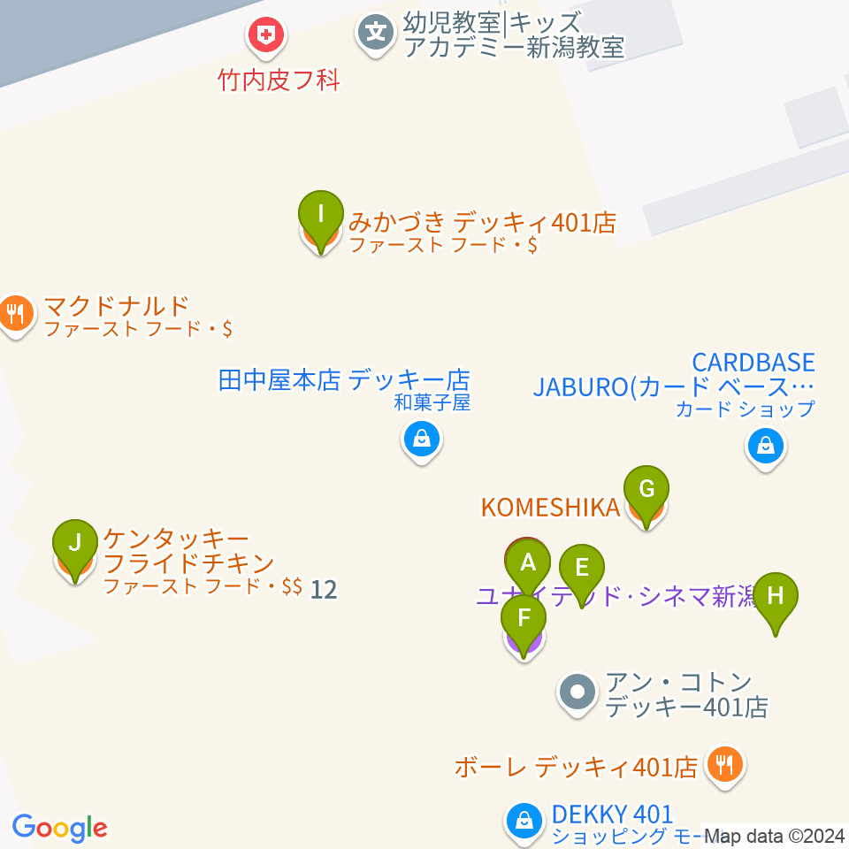 わたじん楽器 デッキィ401センター周辺のファミレス・ファーストフード一覧地図