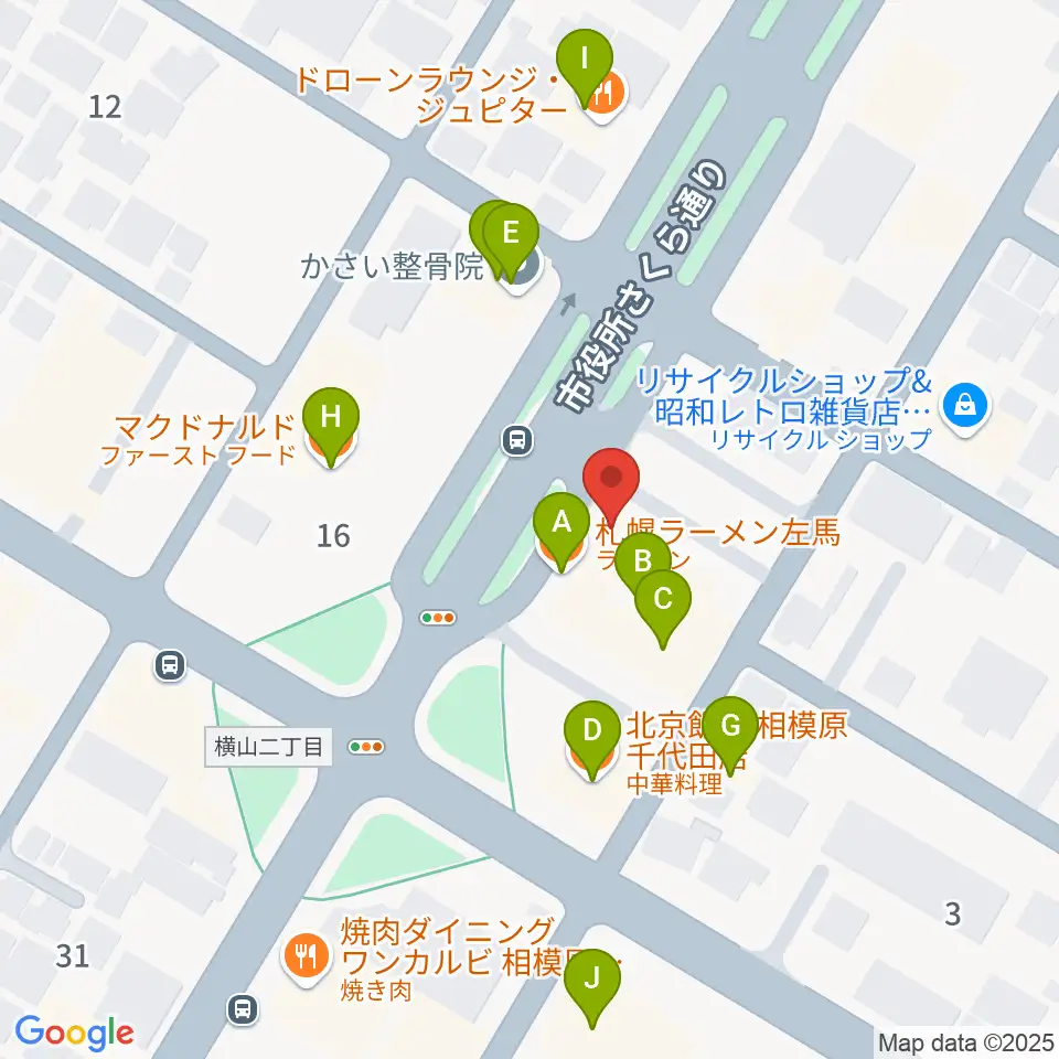 相模原メイプルホール周辺のファミレス・ファーストフード一覧地図