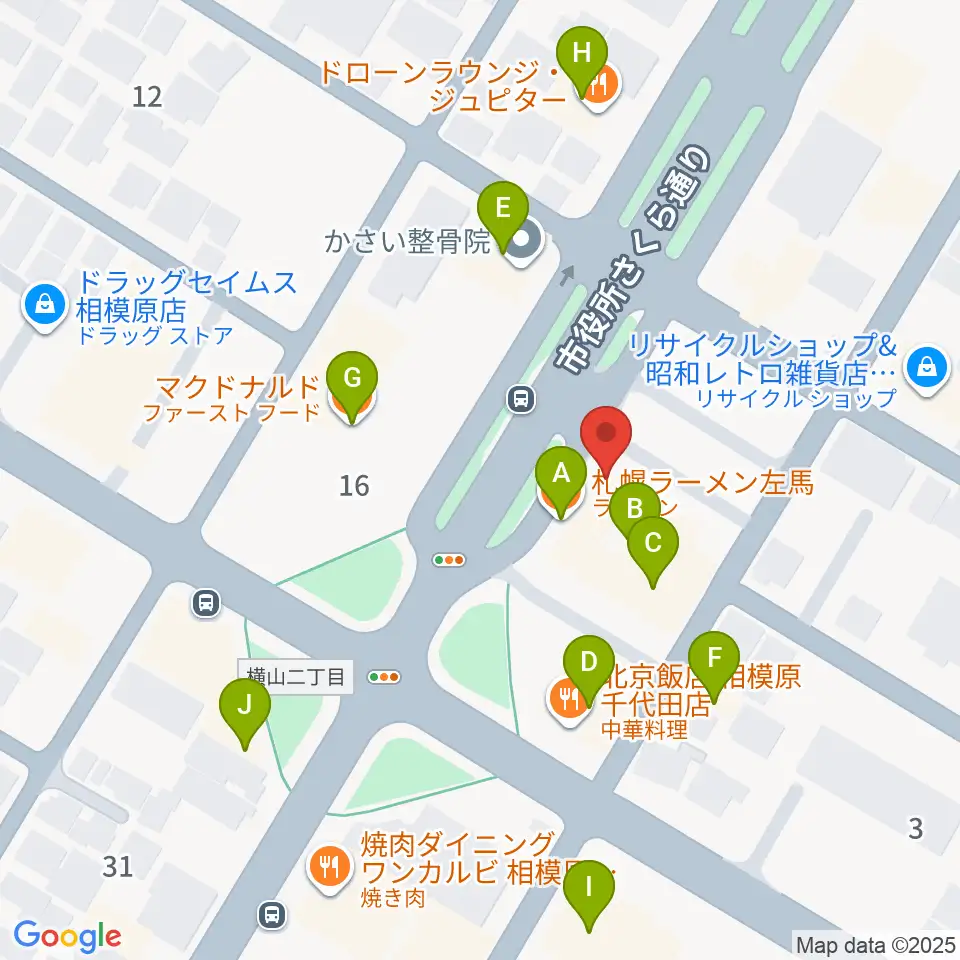 相模原メイプルホール周辺のファミレス・ファーストフード一覧地図