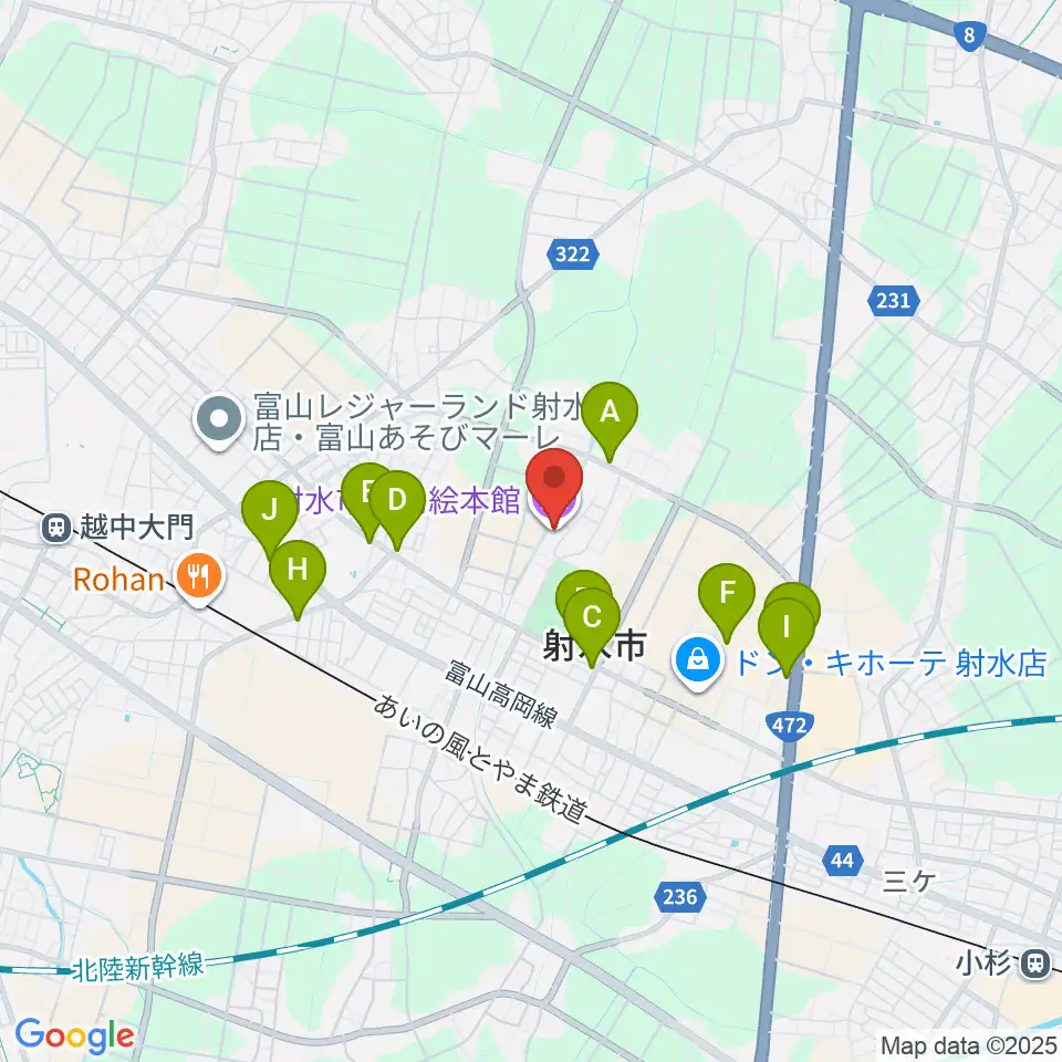 射水市大島絵本館周辺のファミレス・ファーストフード一覧地図