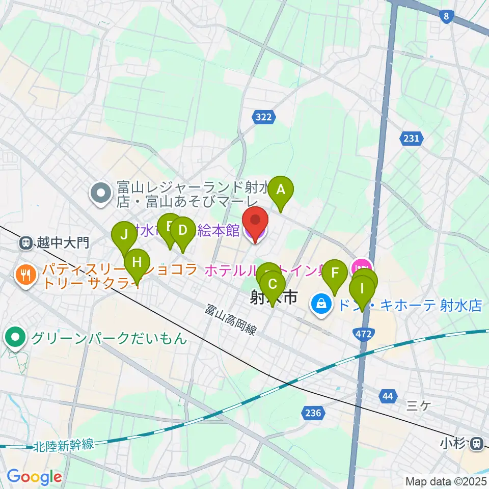 射水市大島絵本館周辺のファミレス・ファーストフード一覧地図