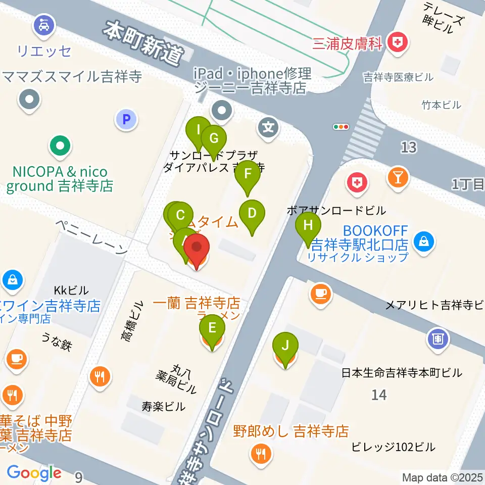 吉祥寺サムタイム周辺のファミレス・ファーストフード一覧地図